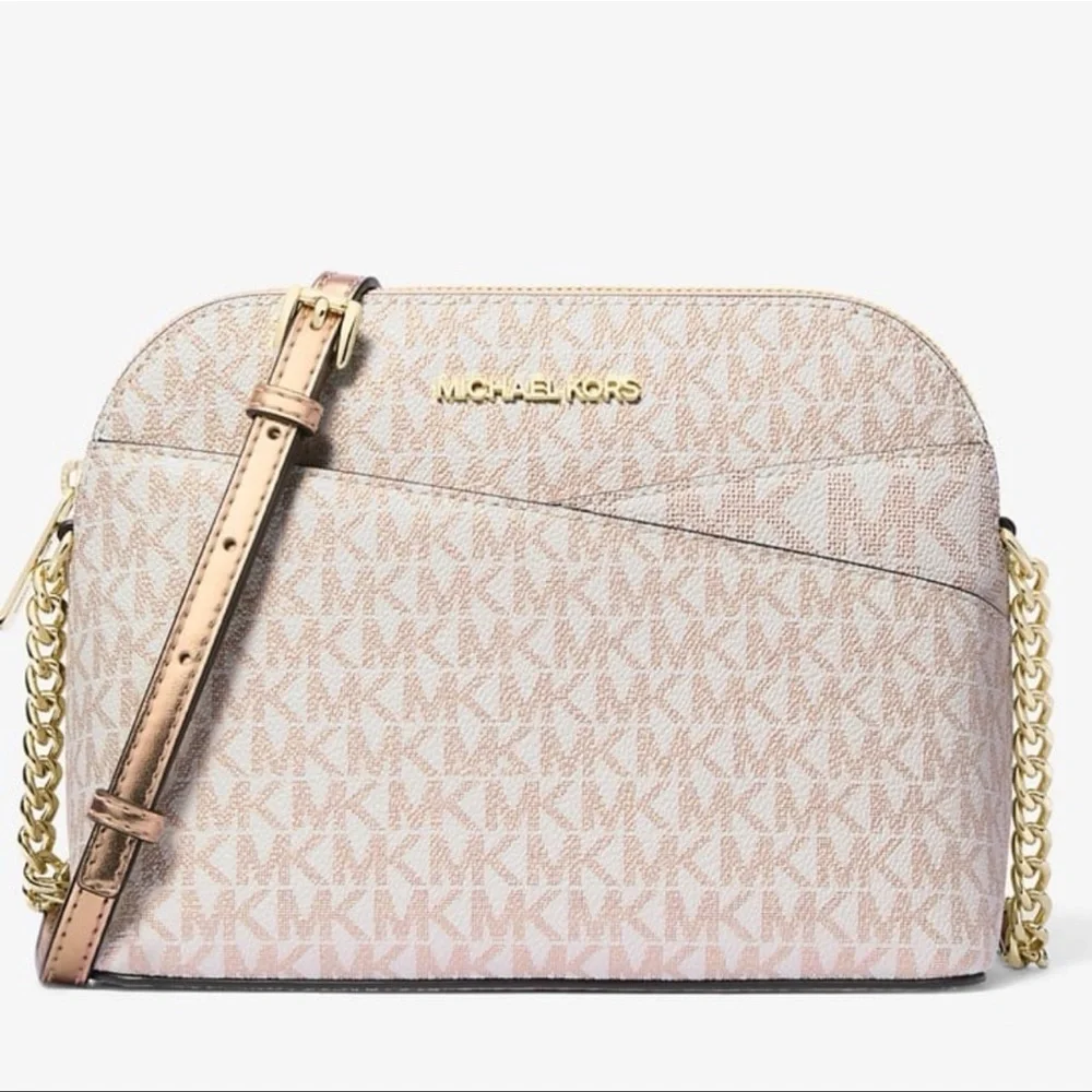Michael Kors Jet Set Travel Md Metallic Signature Logo Dome Crossbody Satchel NW